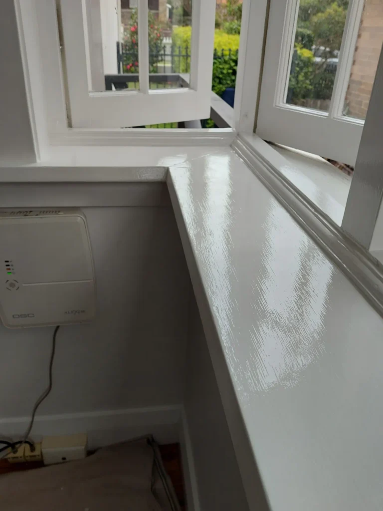 Colonial bay window close-up showing surface texture