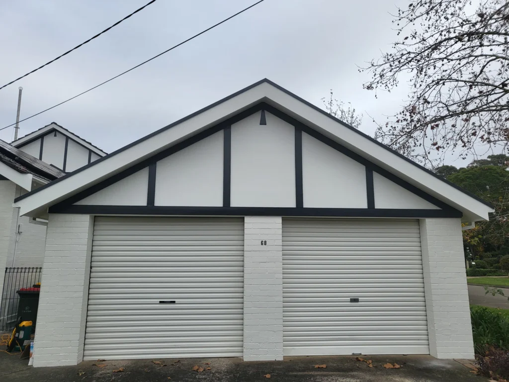 Front elevation of garage after painting